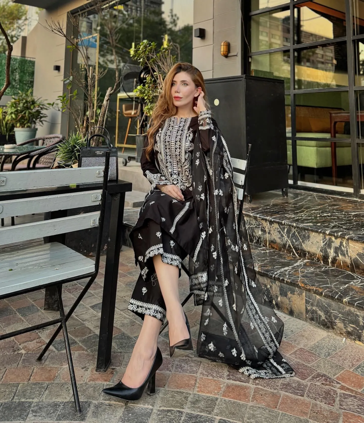 3-Pc Monochrome Sequin Embroidered Set.
