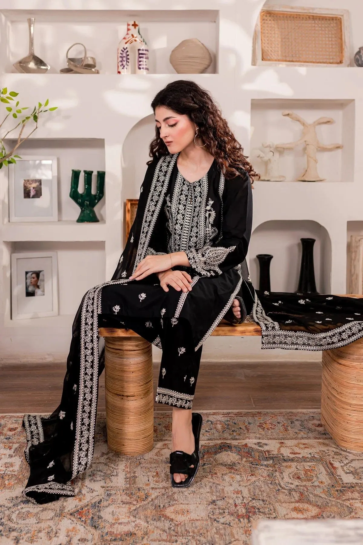 3-Pc Monochrome Sequin Embroidered Set.