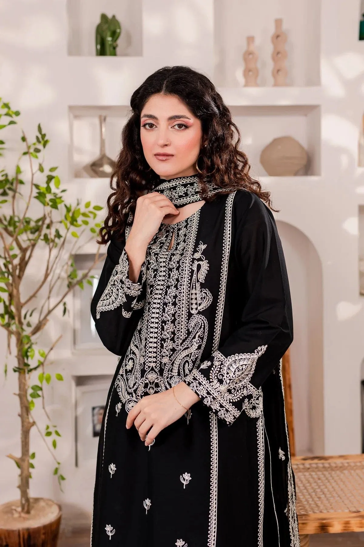 3-Pc Monochrome Sequin Embroidered Set.