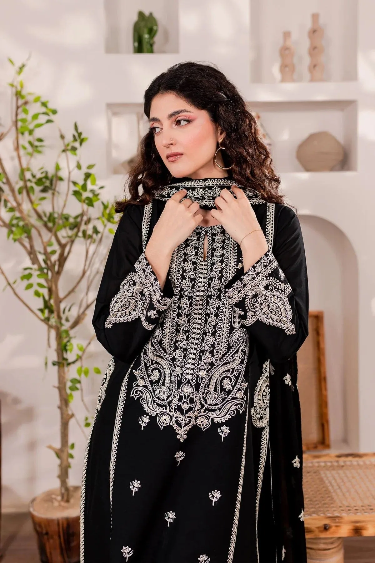 3-Pc Monochrome Sequin Embroidered Set.