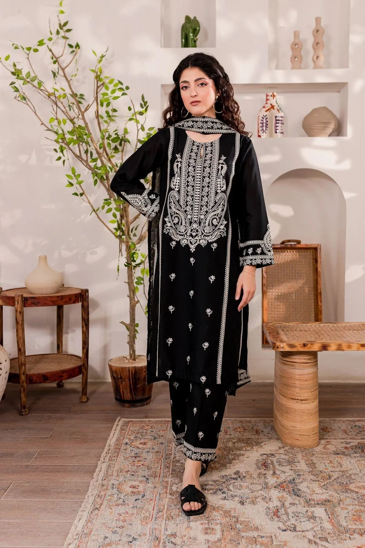 3-Pc Monochrome Sequin Embroidered Set.