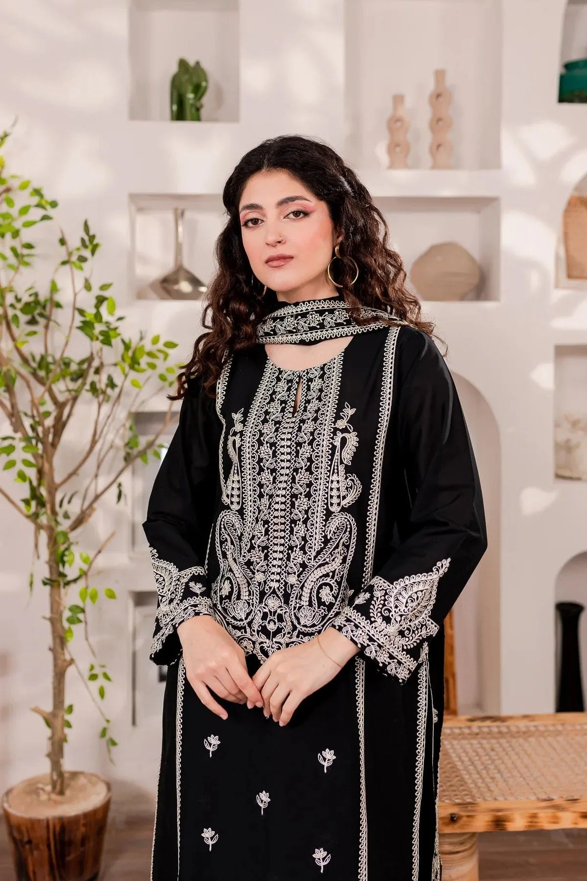 3-Pc Monochrome Sequin Embroidered Set.