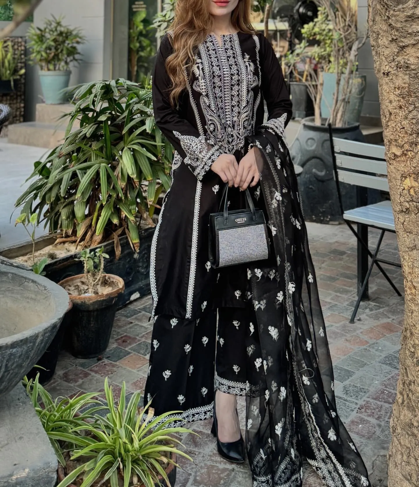 3-Pc Monochrome Sequin Embroidered Set.