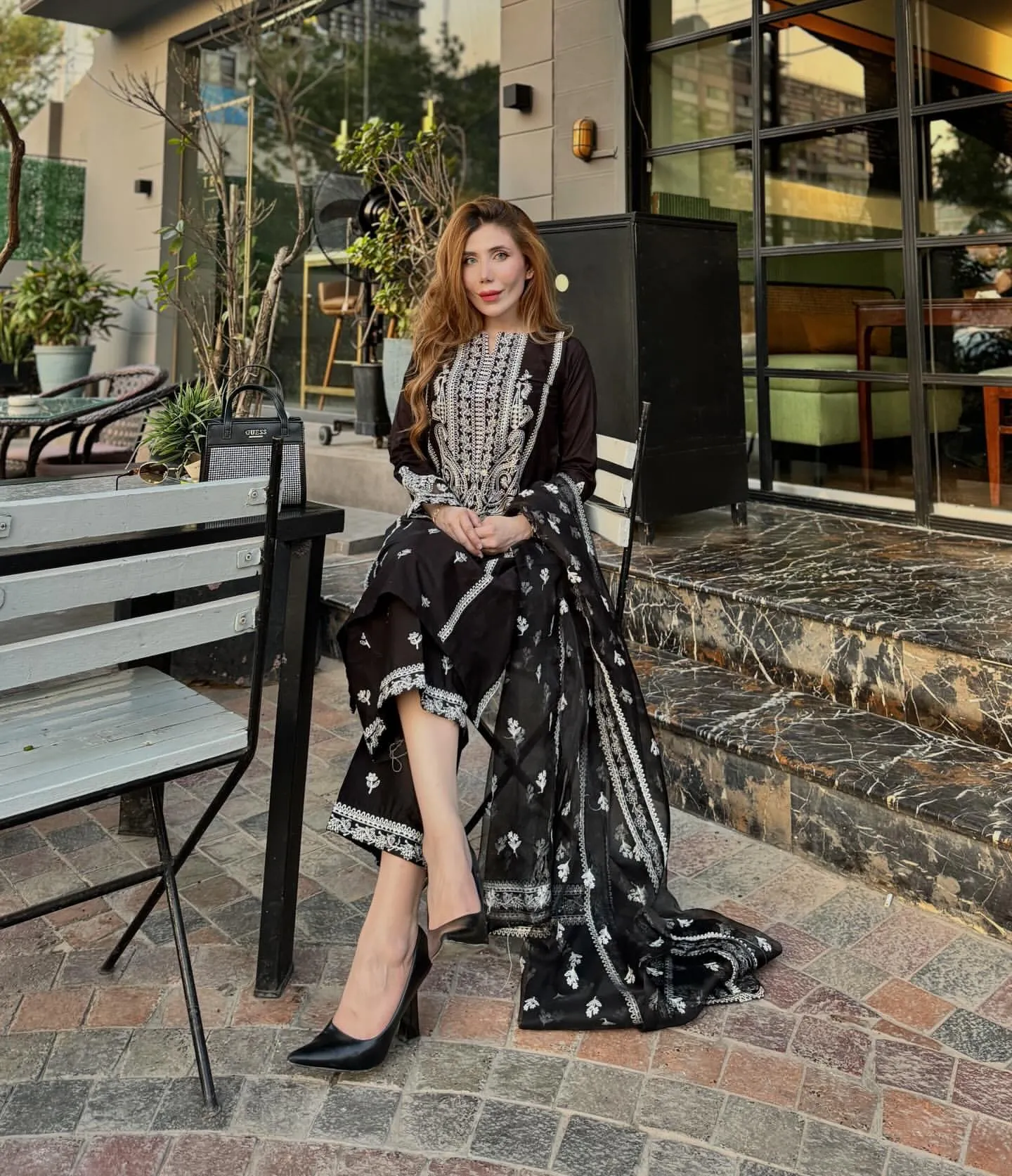 3-Pc Monochrome Sequin Embroidered Set.