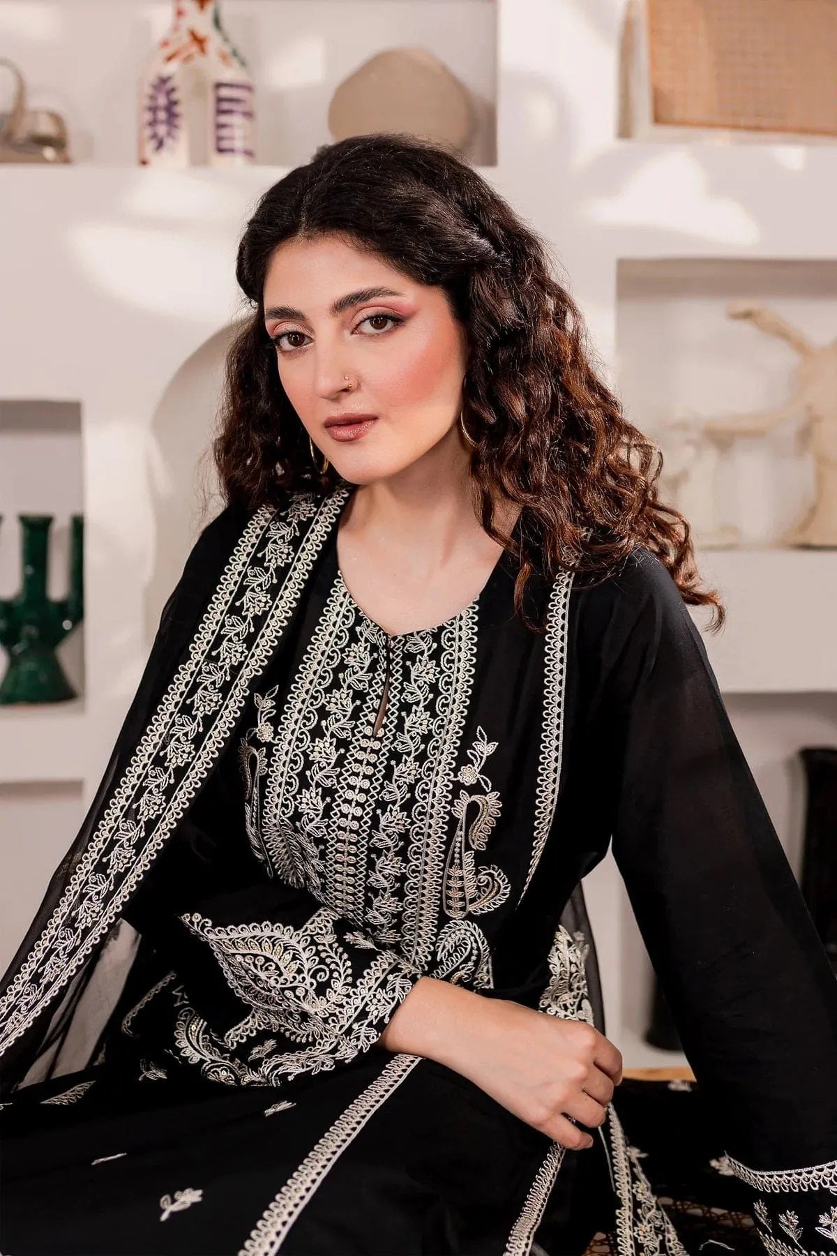 3-Pc Monochrome Sequin Embroidered Set.