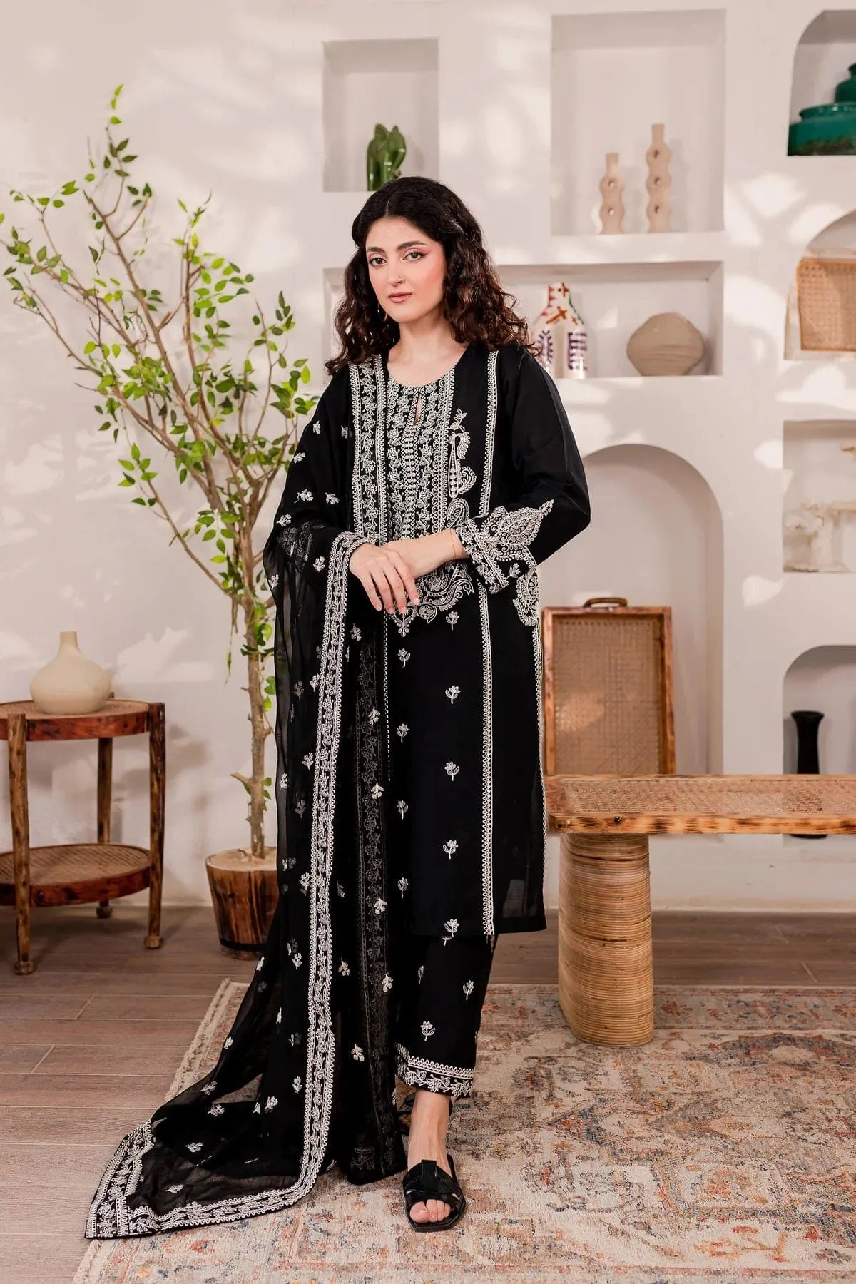 3-Pc Monochrome Sequin Embroidered Set.