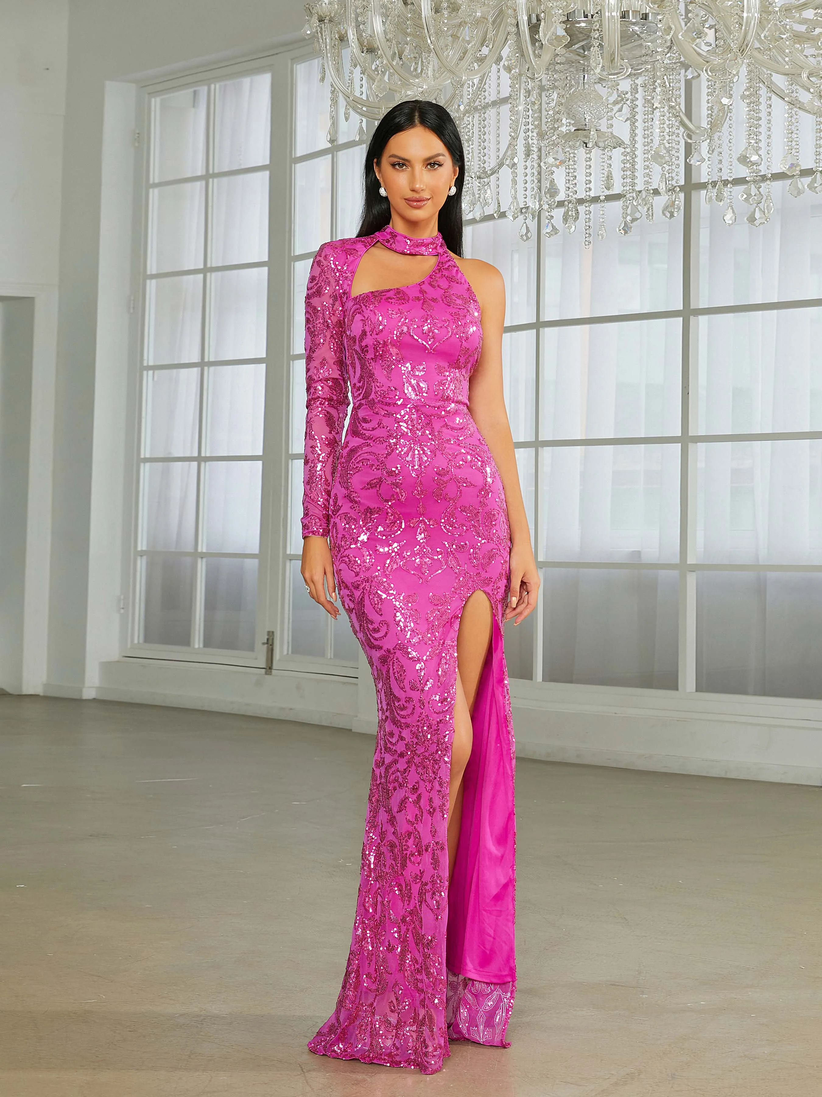 Asymmetric Cutout High Split Sequin Rose Red Prom Dress RA60036