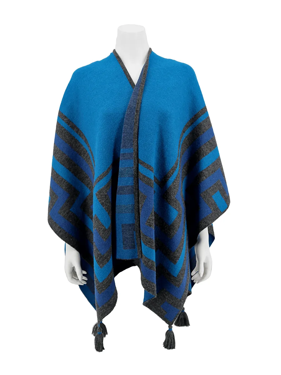 Baby Alpaca Knit 'Caminos' Ruana Poncho with Tassels - Blue Teal