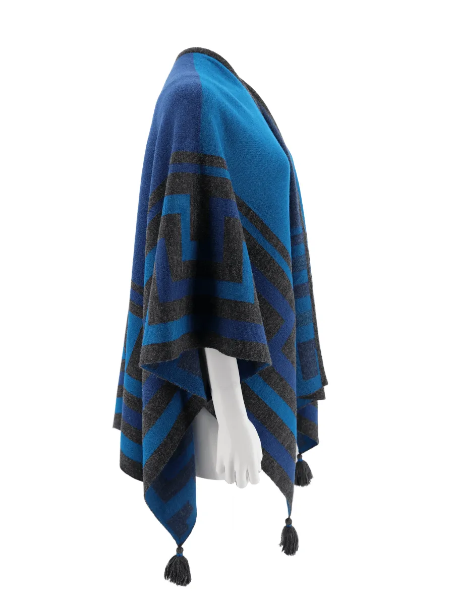 Baby Alpaca Knit 'Caminos' Ruana Poncho with Tassels - Blue Teal