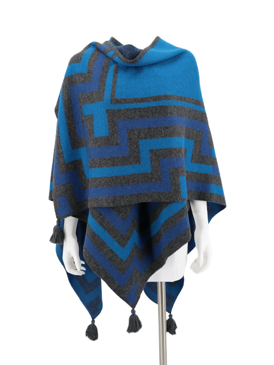 Baby Alpaca Knit 'Caminos' Ruana Poncho with Tassels - Blue Teal