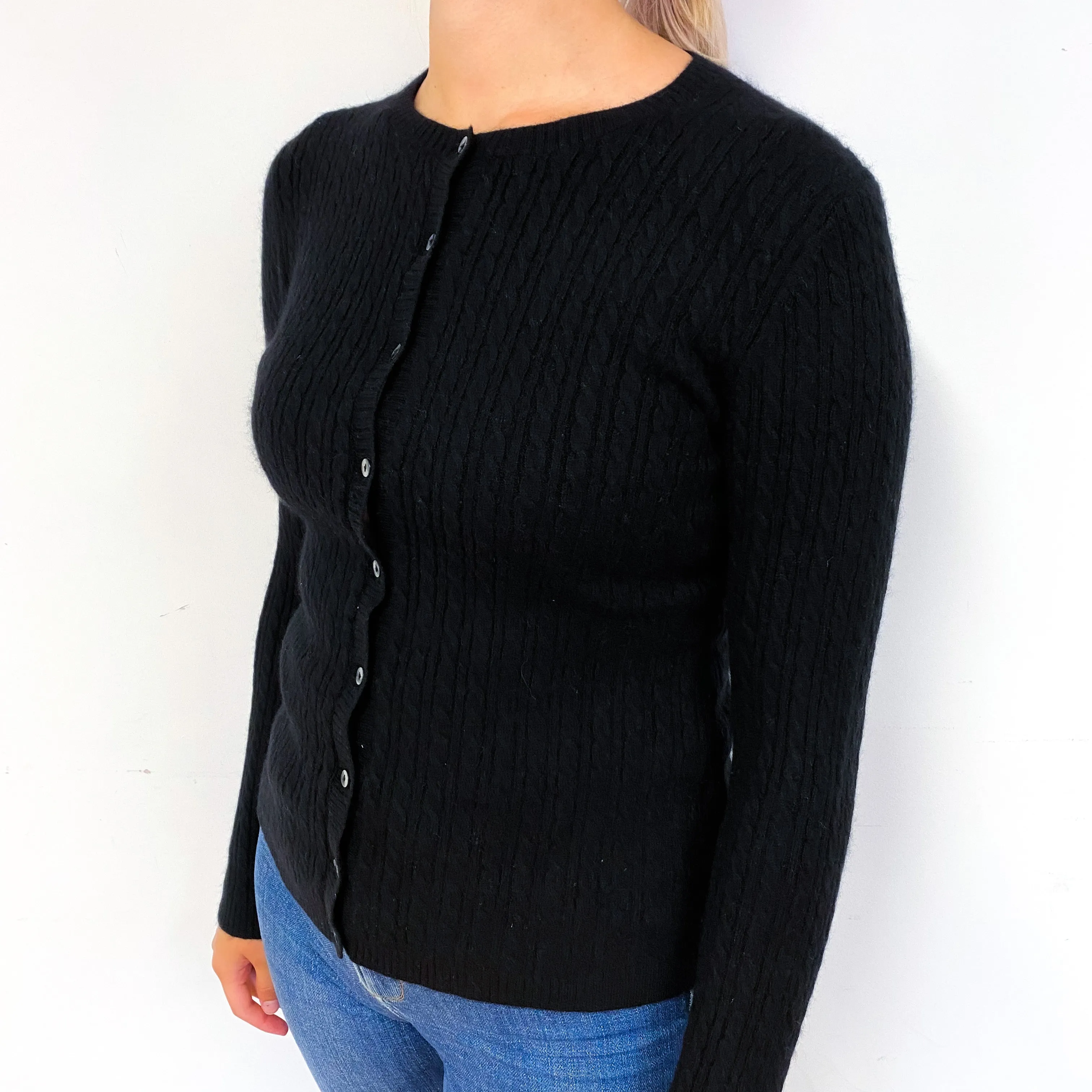 Black Cable Cashmere Crew Neck Cardigan Small