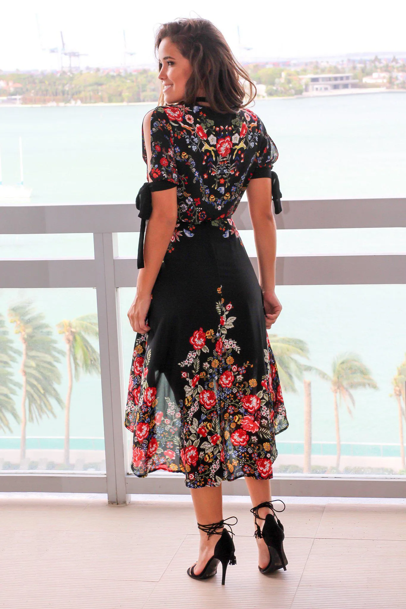Black Floral High Low Wrap Dress