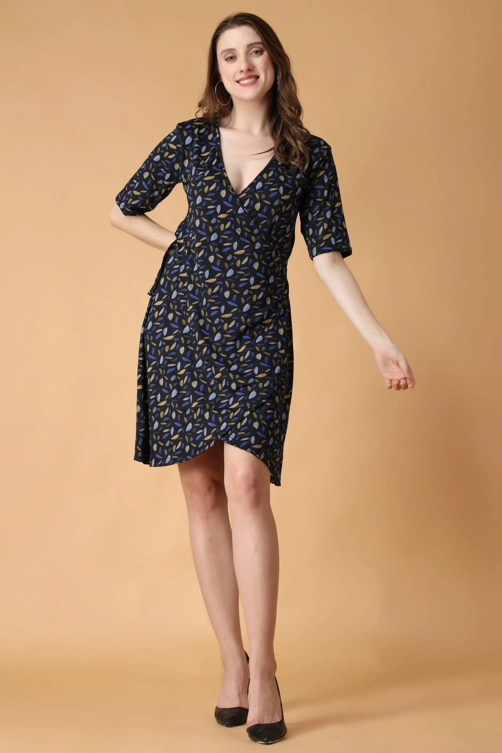 Blue Leaf Printed Wrap Around Dress