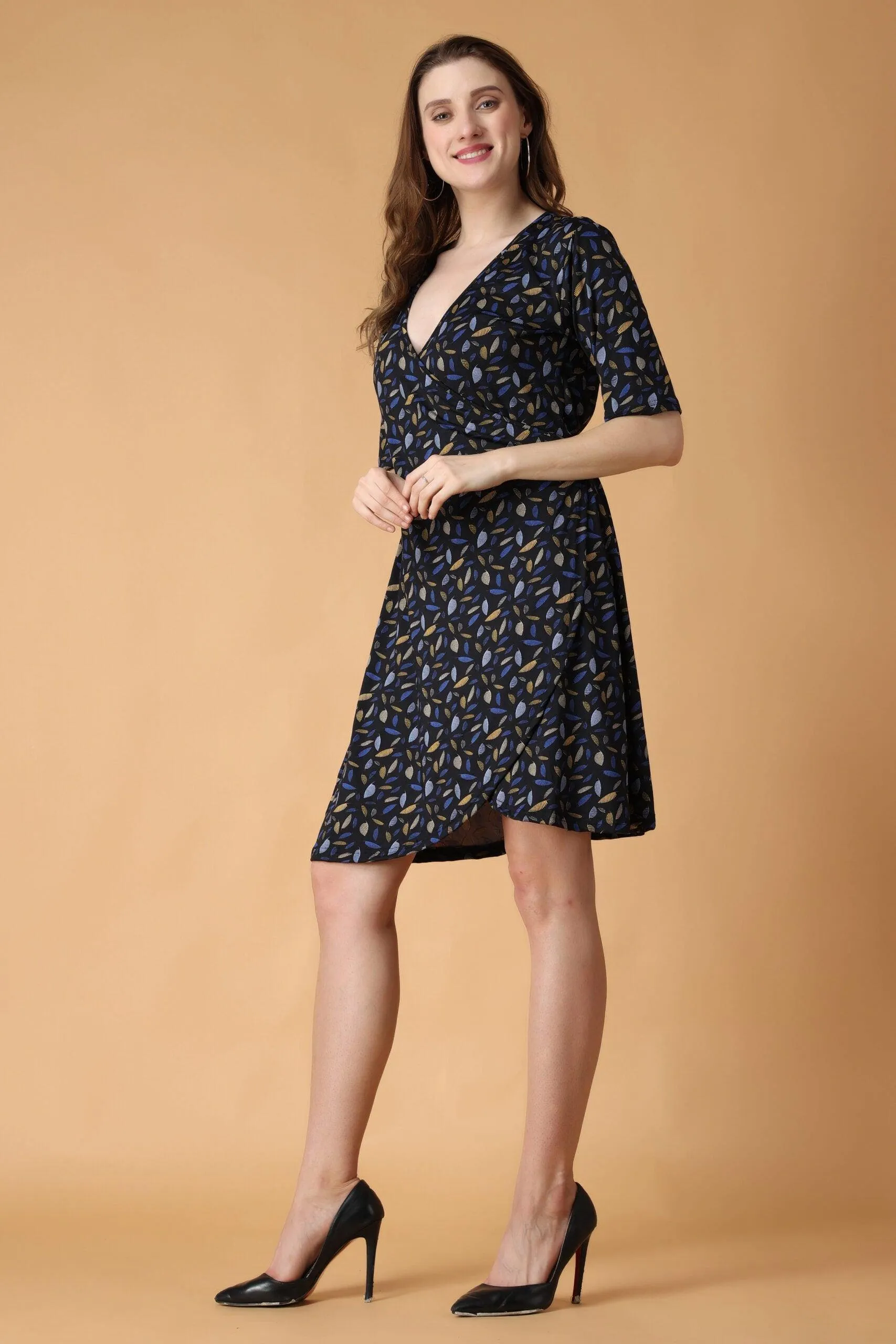 Blue Leaf Printed Wrap Around Dress