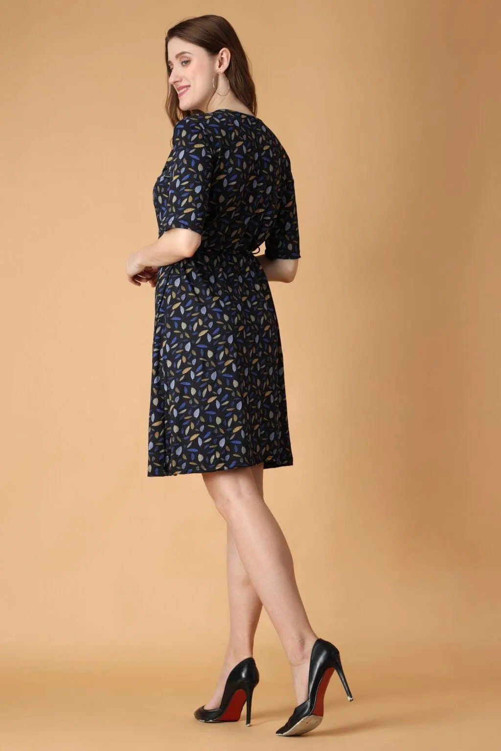 Blue Leaf Printed Wrap Around Dress