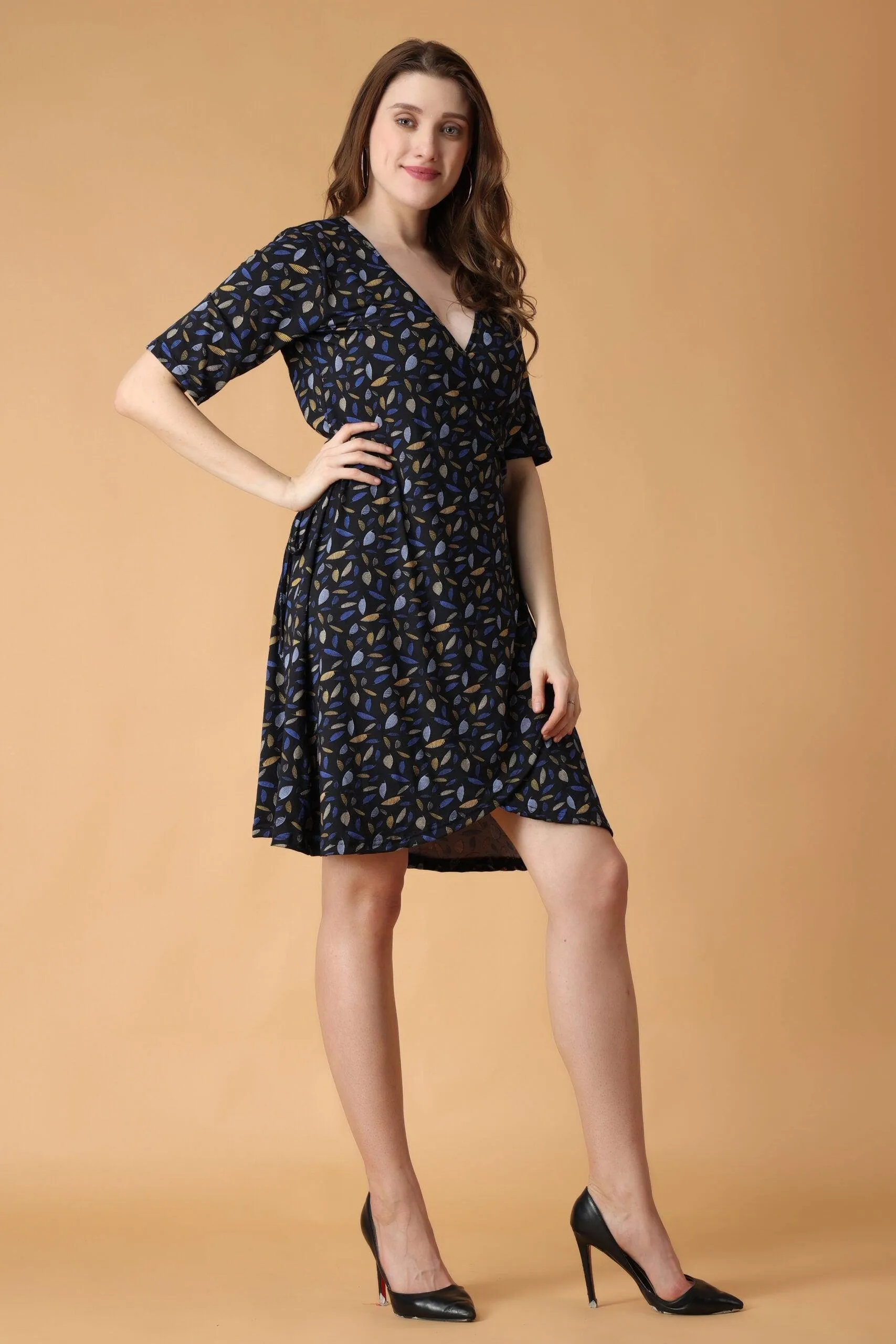 Blue Leaf Printed Wrap Around Dress