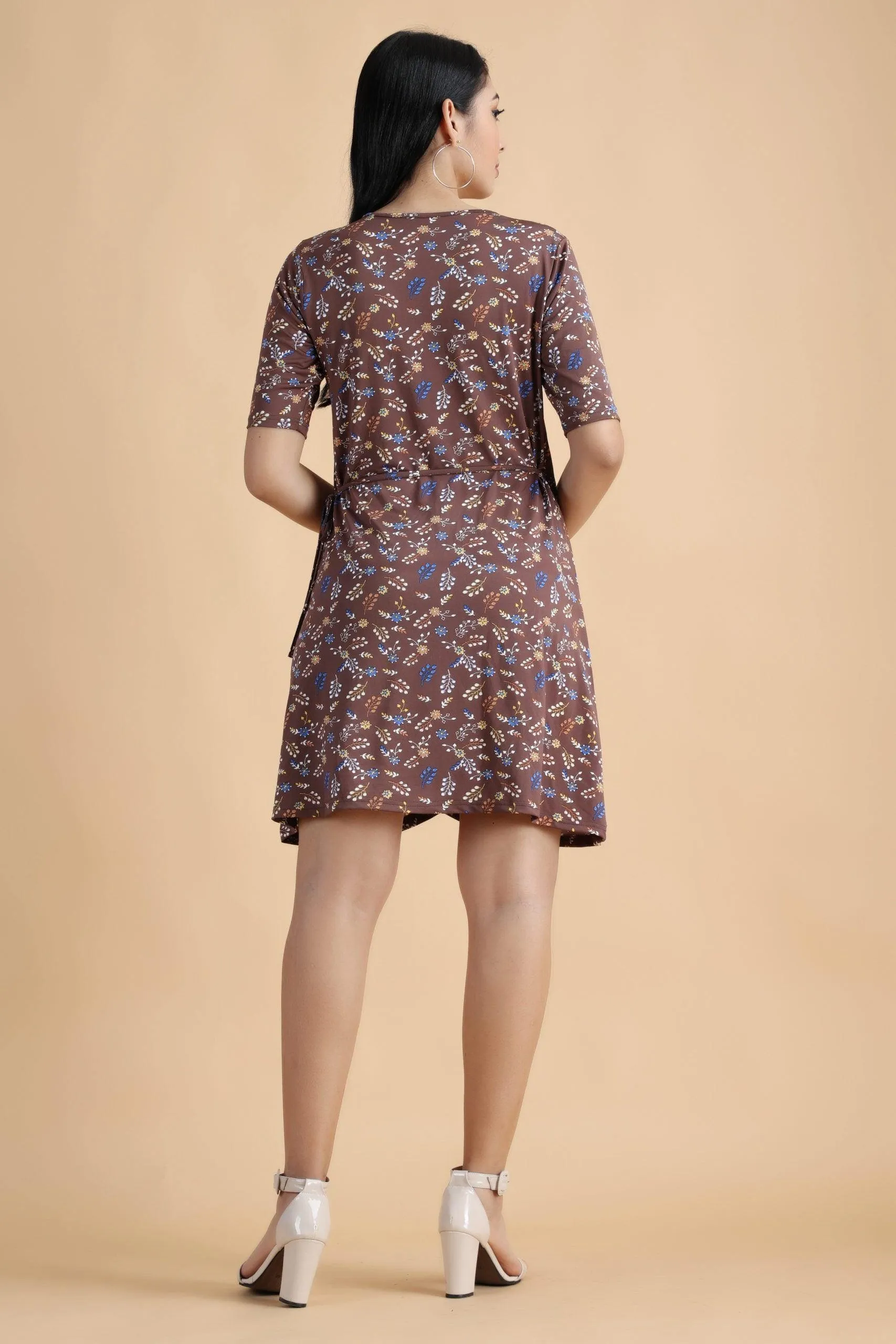 Brown Floral Printed Wrap Around Dress