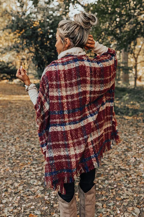 Chic Checklist Plaid Poncho In Aurora Red