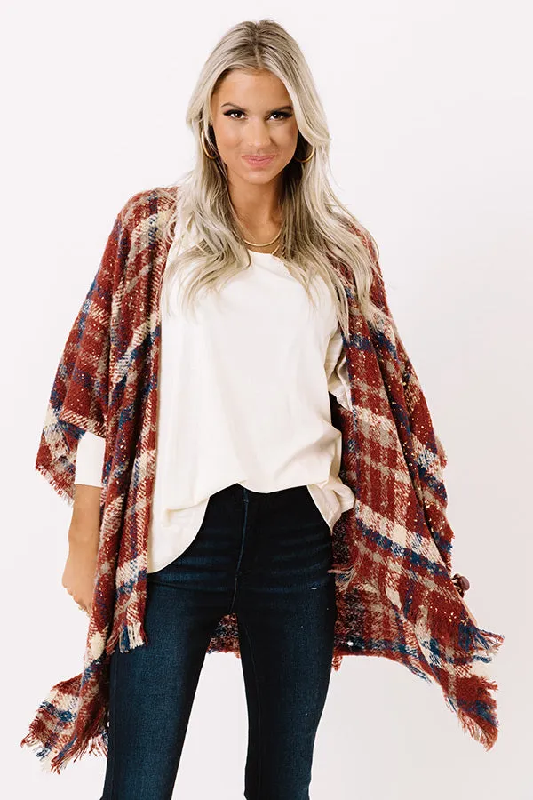 Chic Checklist Plaid Poncho In Aurora Red