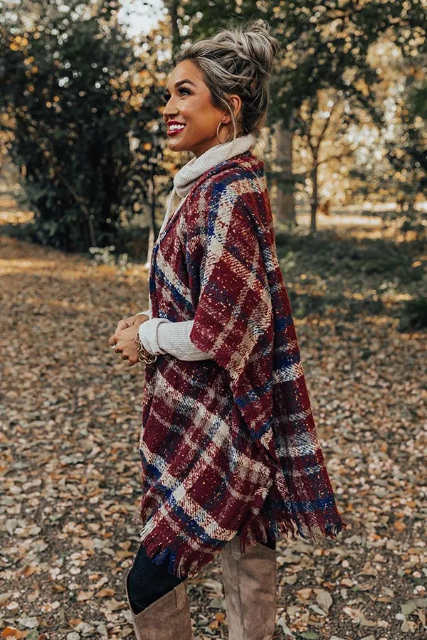 Chic Checklist Plaid Poncho In Aurora Red