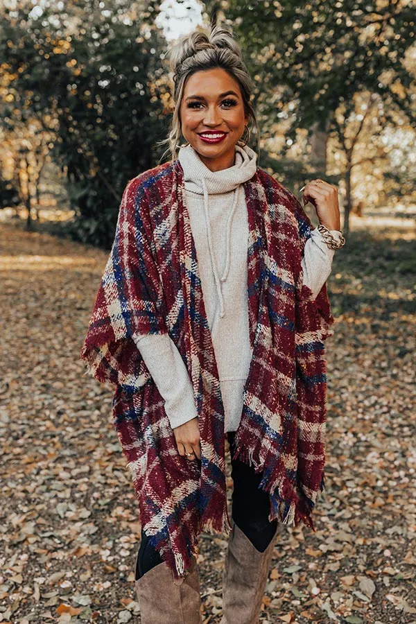 Chic Checklist Plaid Poncho In Aurora Red