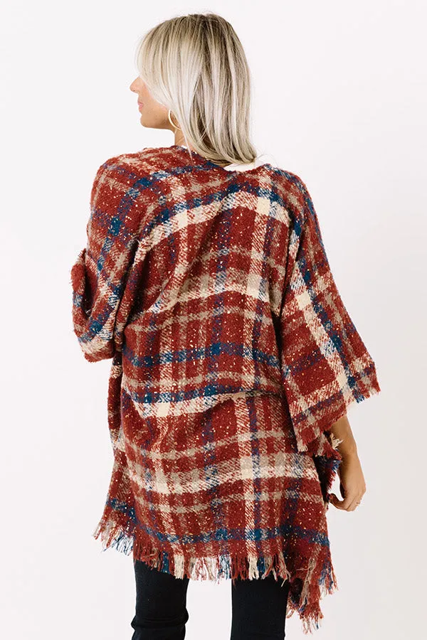 Chic Checklist Plaid Poncho In Aurora Red