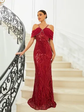 Cold Shoulder Mermaid Wine Prom Dress RJ10446