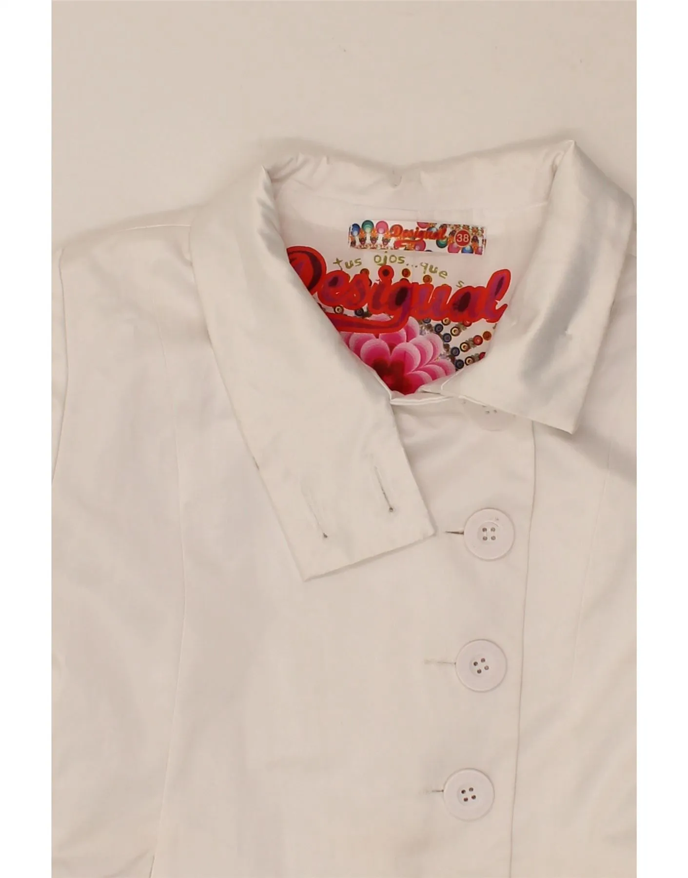 DESIGUAL Womens Graphic Overcoat EU 38 Medium White Floral Polyester