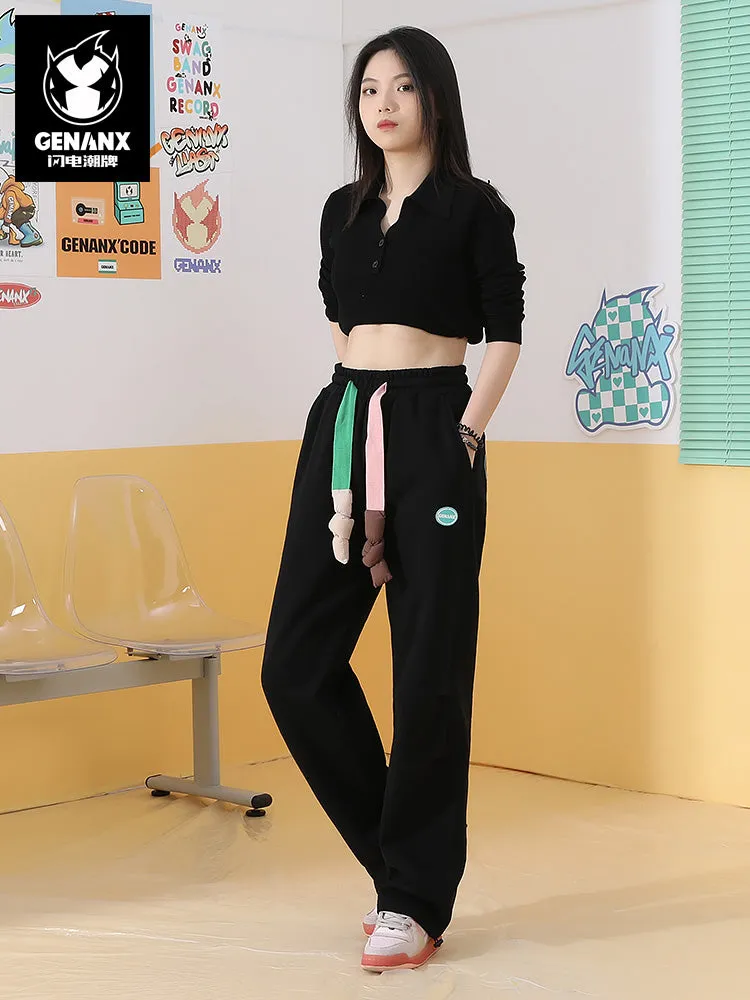 Dopamine-contrast drawstring letter-badge stretch-rope leg slacks