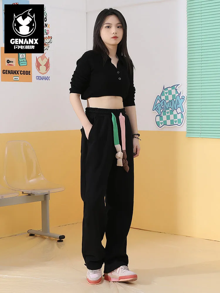 Dopamine-contrast drawstring letter-badge stretch-rope leg slacks