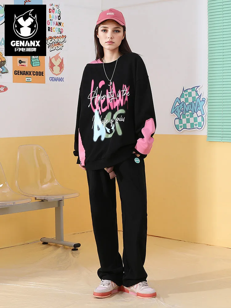Dopamine-contrast drawstring letter-badge stretch-rope leg slacks
