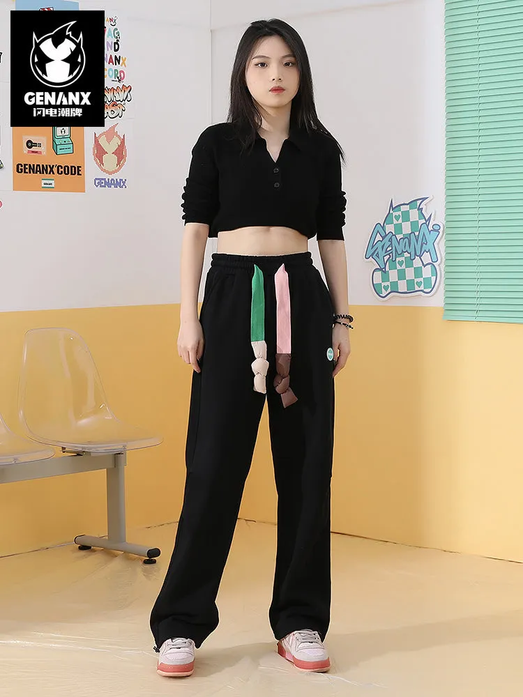Dopamine-contrast drawstring letter-badge stretch-rope leg slacks