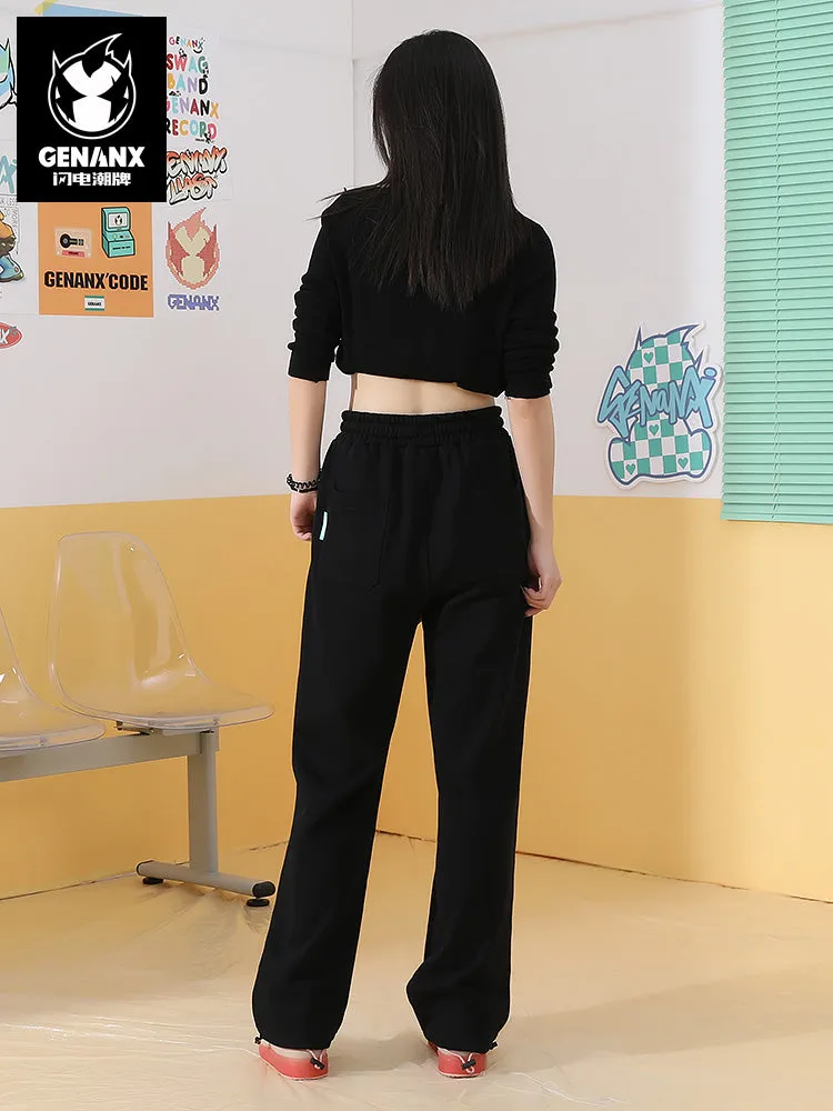 Dopamine-contrast drawstring letter-badge stretch-rope leg slacks