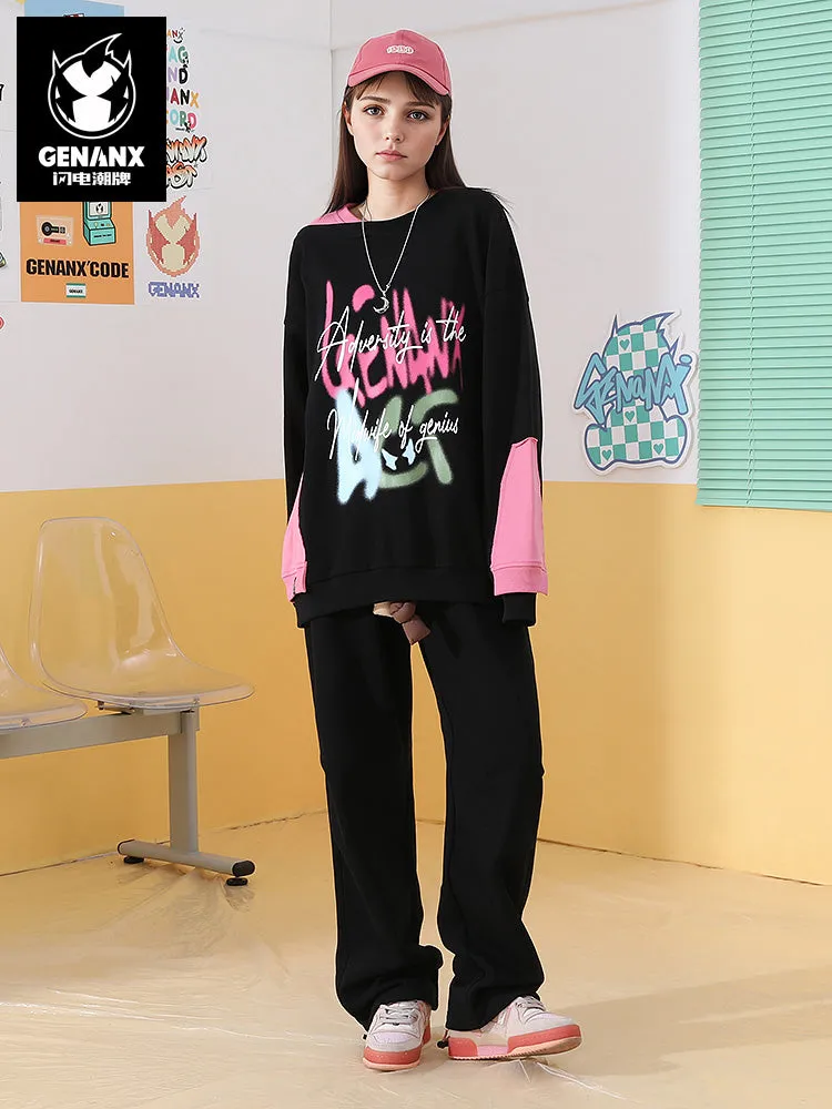 Dopamine-contrast drawstring letter-badge stretch-rope leg slacks