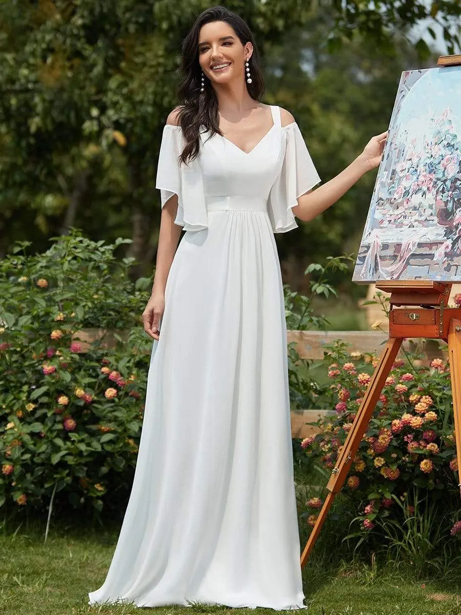 Elegant Cold Shoulder Flutter Sleeves Flowy Bridesmaid Dress