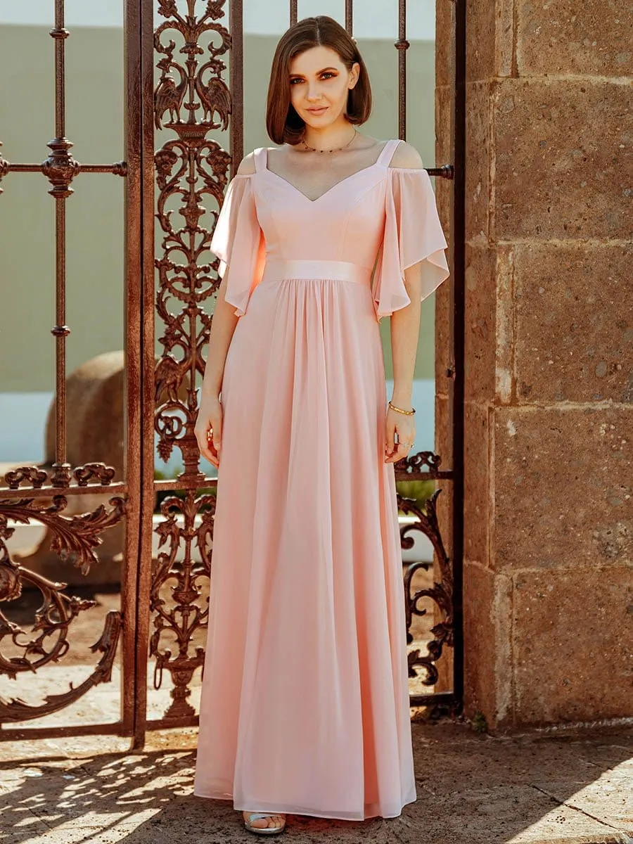Elegant Cold Shoulder Flutter Sleeves Flowy Bridesmaid Dress