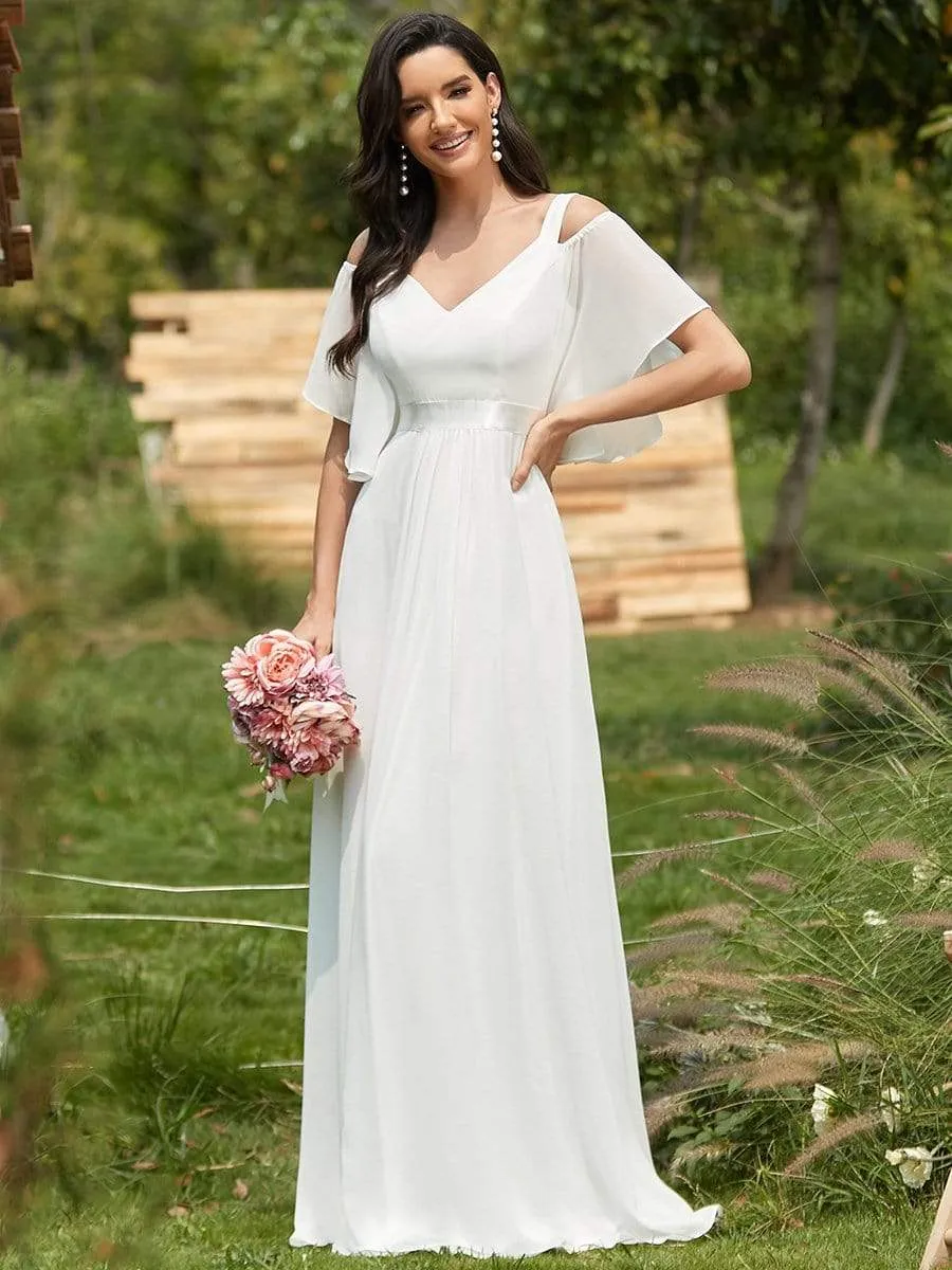 Elegant Cold Shoulder Flutter Sleeves Flowy Bridesmaid Dress
