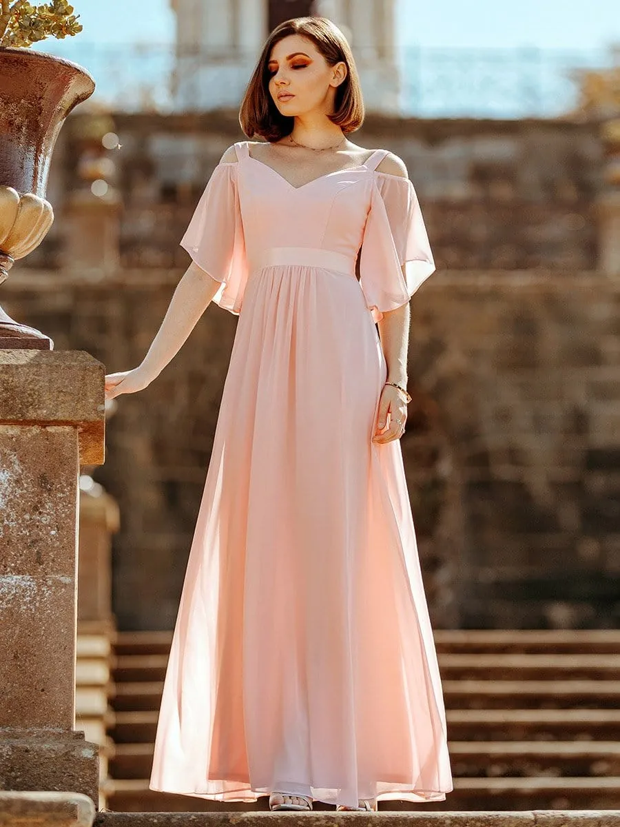 Elegant Cold Shoulder Flutter Sleeves Flowy Bridesmaid Dress