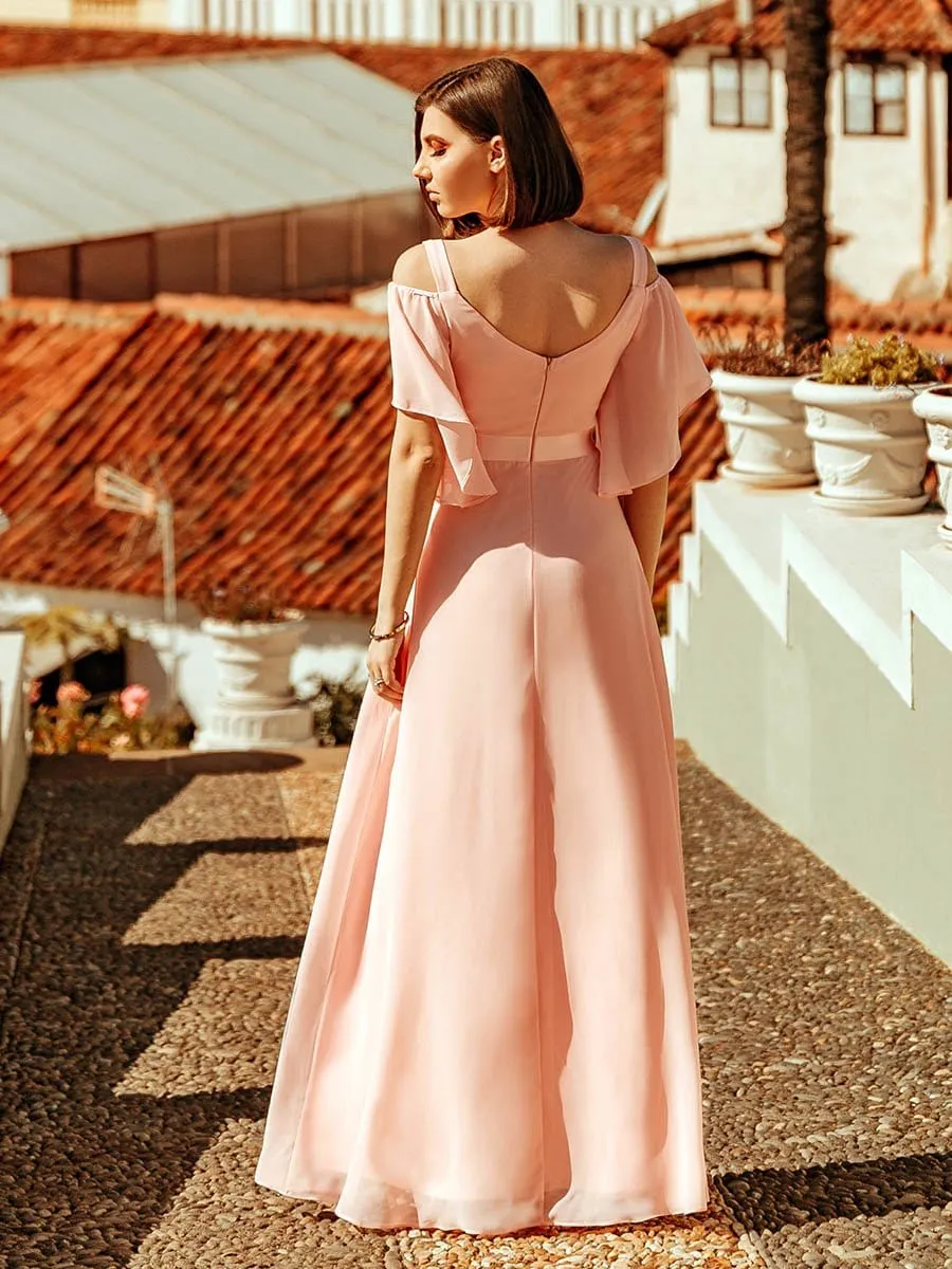 Elegant Cold Shoulder Flutter Sleeves Flowy Bridesmaid Dress