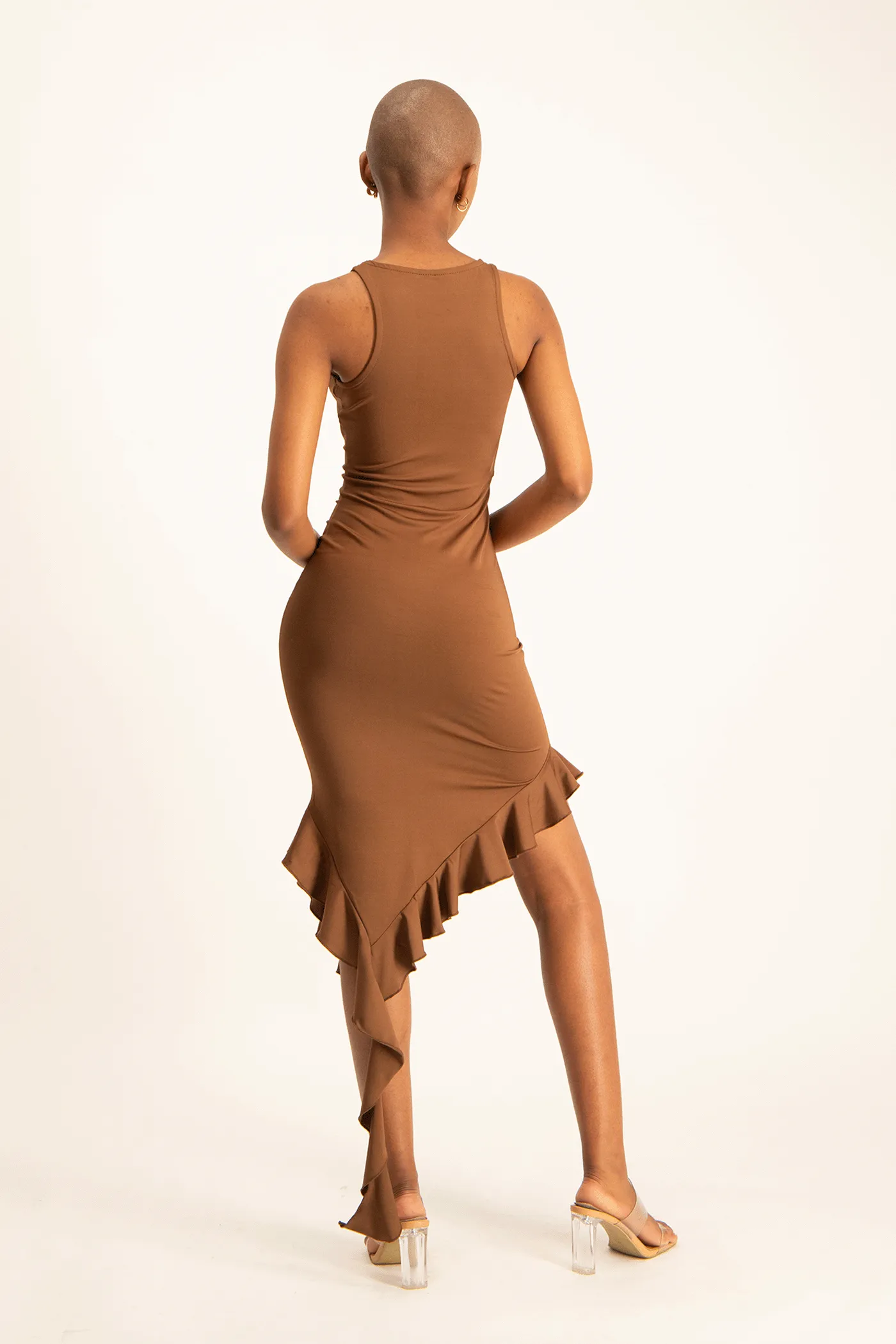 Elora Asymmetrical Ruffle Dress - Pinecone