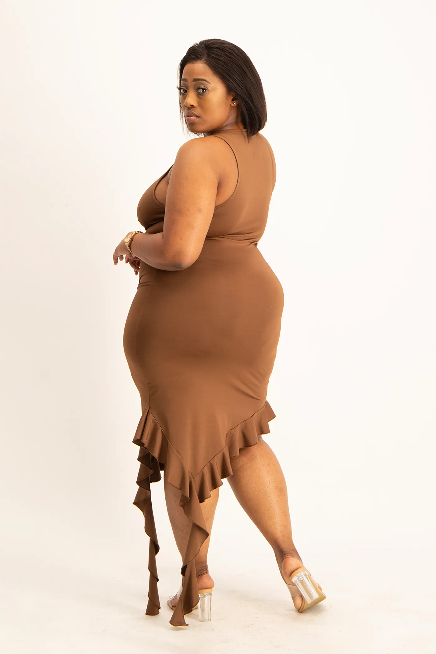 Elora Asymmetrical Ruffle Dress - Pinecone