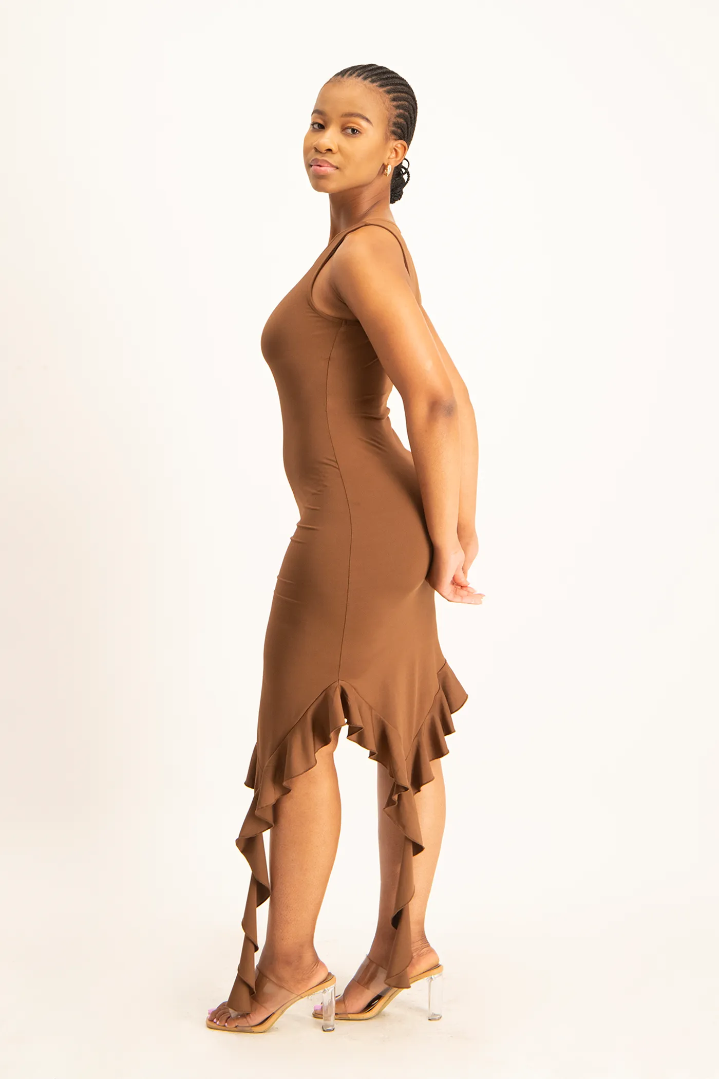 Elora Asymmetrical Ruffle Dress - Pinecone
