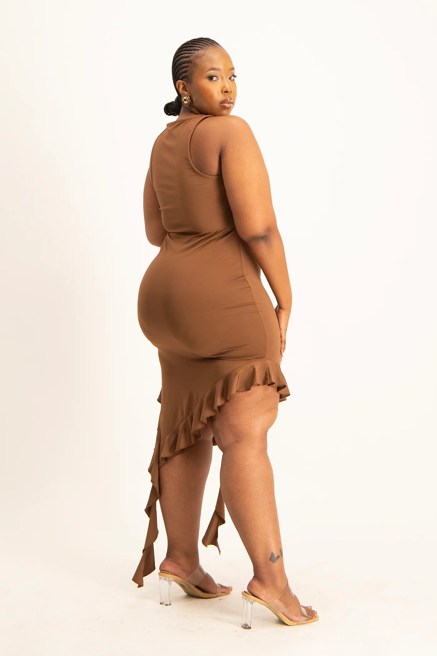 Elora Asymmetrical Ruffle Dress - Pinecone