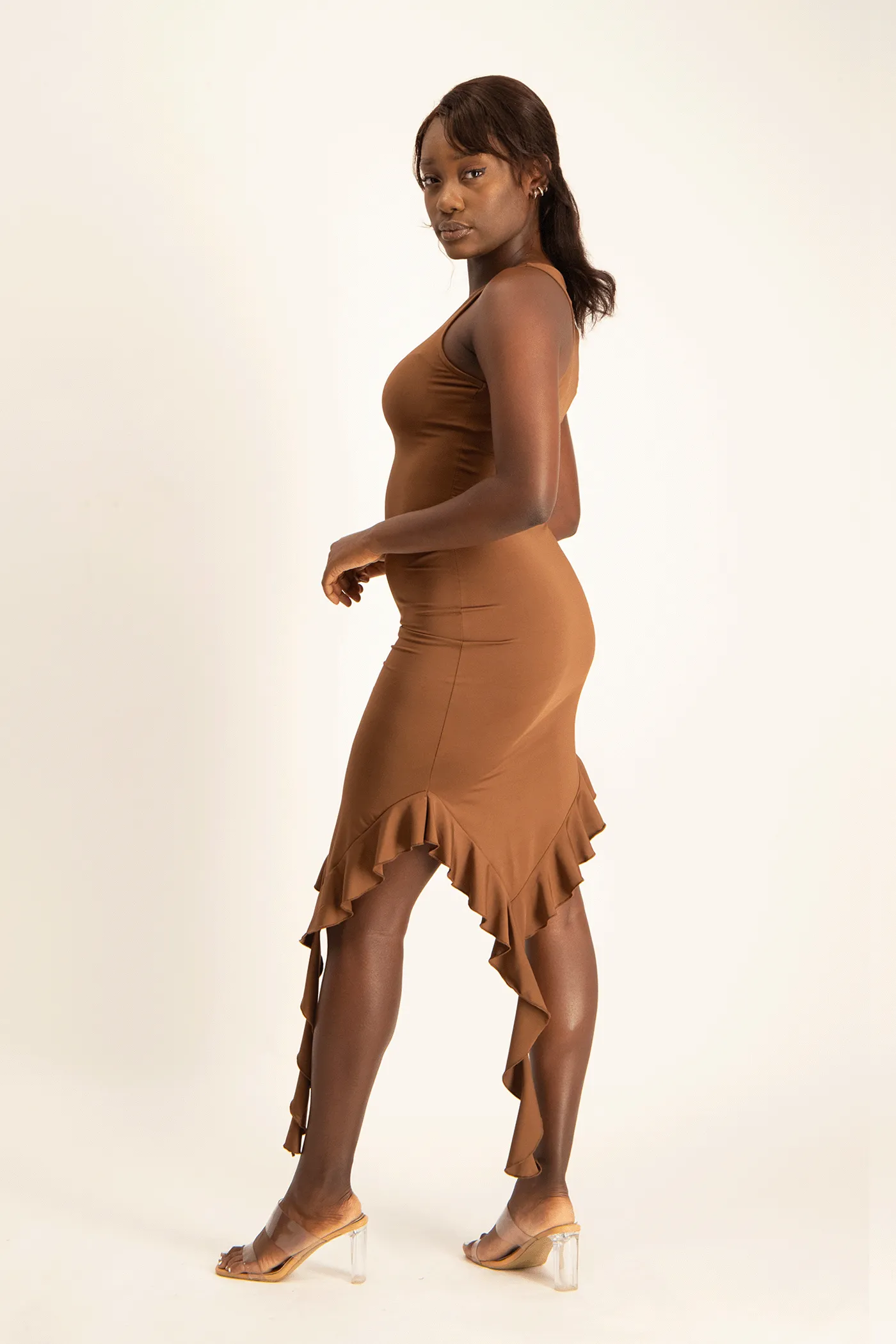 Elora Asymmetrical Ruffle Dress - Pinecone