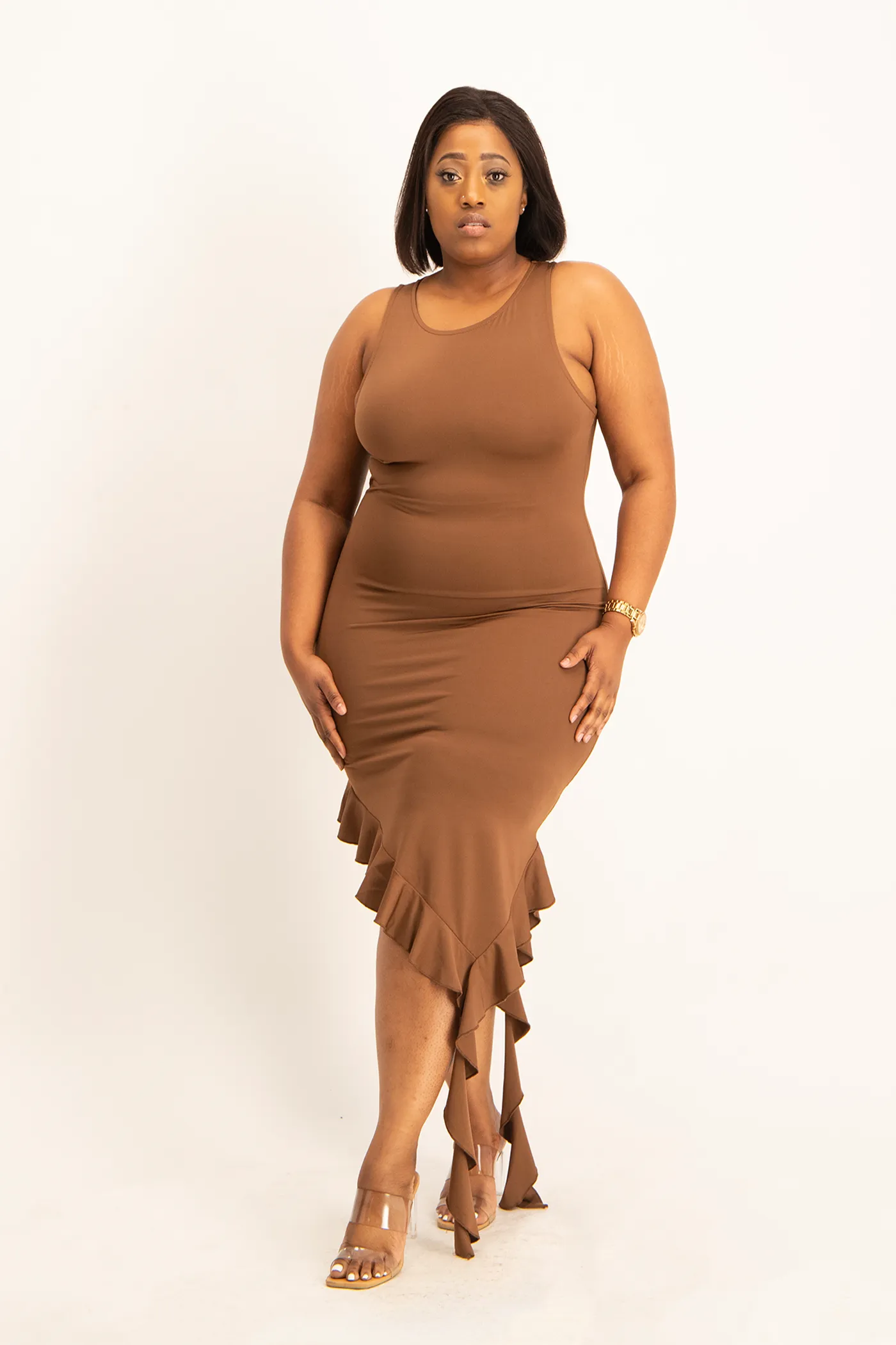 Elora Asymmetrical Ruffle Dress - Pinecone