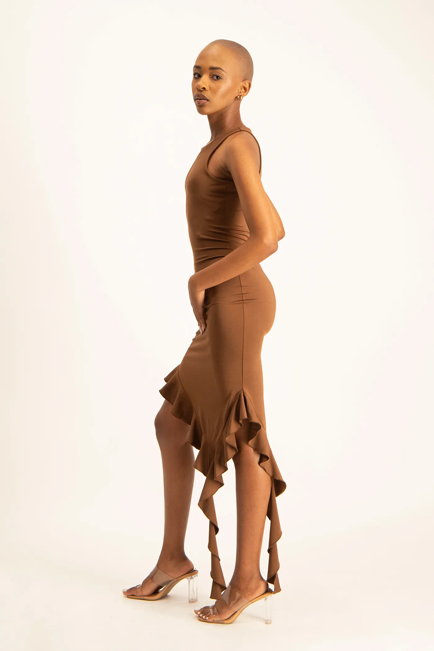 Elora Asymmetrical Ruffle Dress - Pinecone