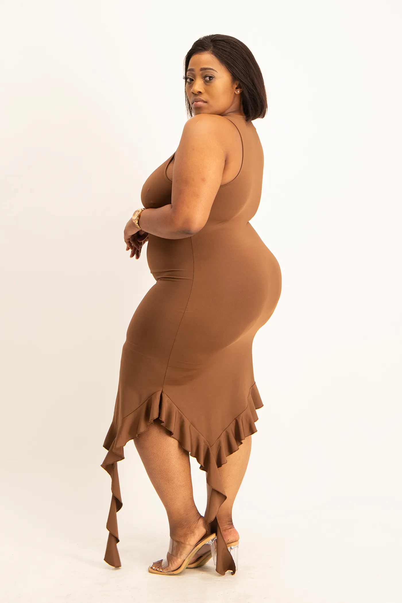 Elora Asymmetrical Ruffle Dress - Pinecone
