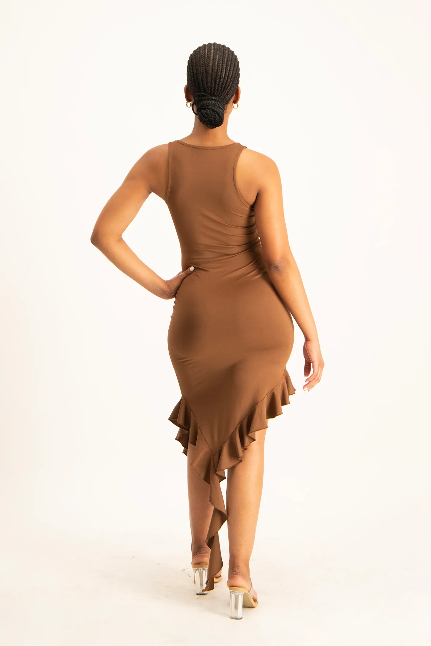 Elora Asymmetrical Ruffle Dress - Pinecone
