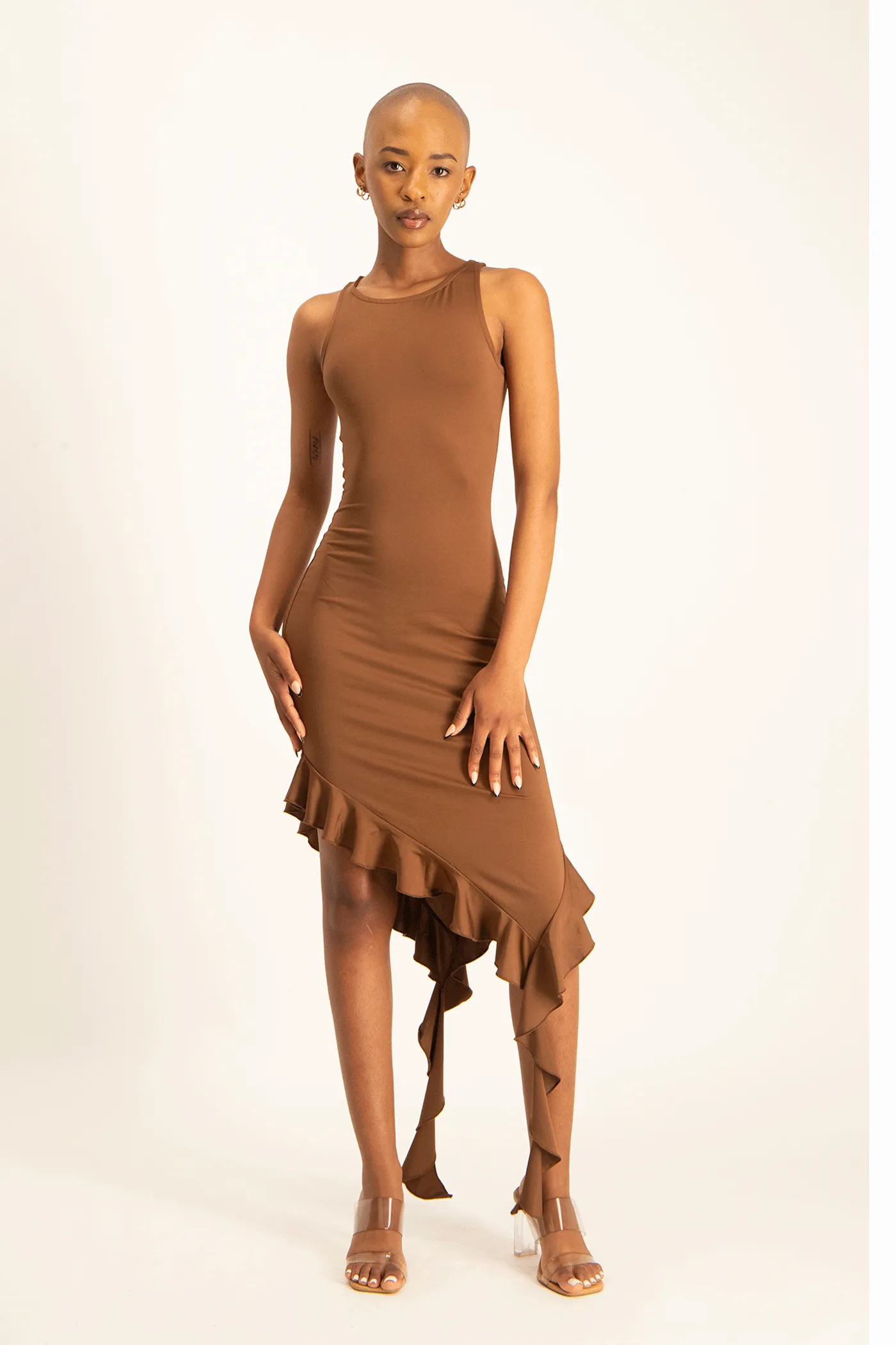 Elora Asymmetrical Ruffle Dress - Pinecone