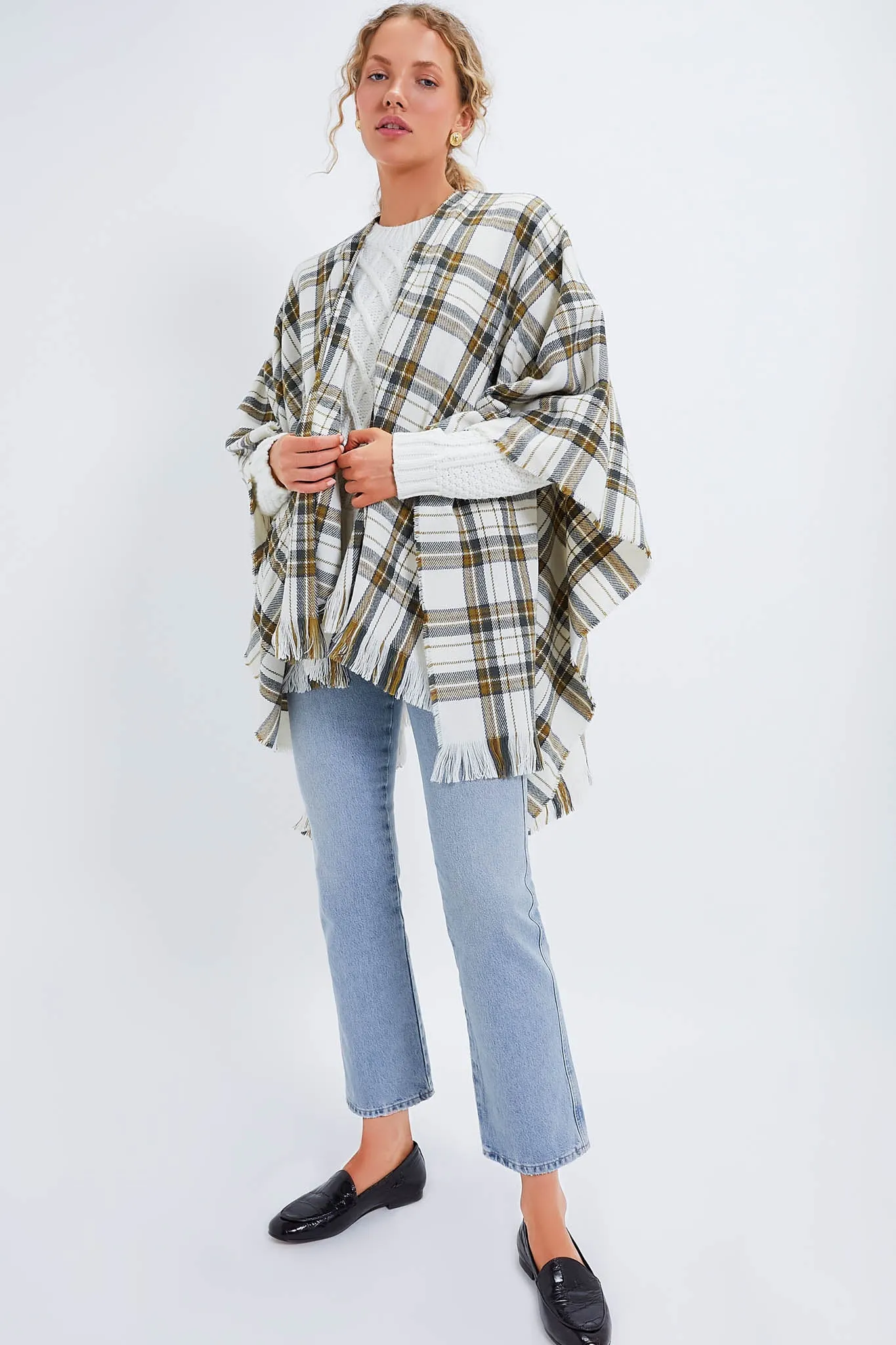 Exclusive Off White Plaid Ruana Poncho